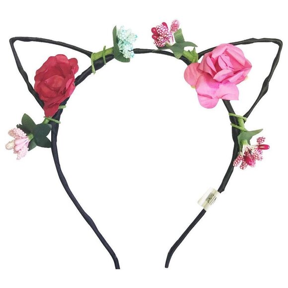Red Pink Mixed Charm Cat Ear Floral Flower Headband Halloween Hair Band Costume - Picture 1 of 1